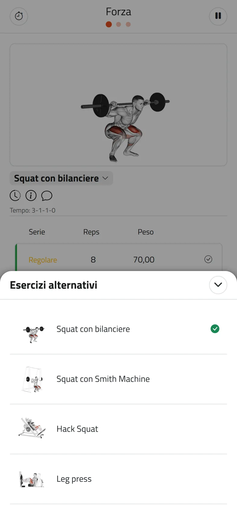 La scelta di un esercizio alternativo nell'app Mangofit per i clienti