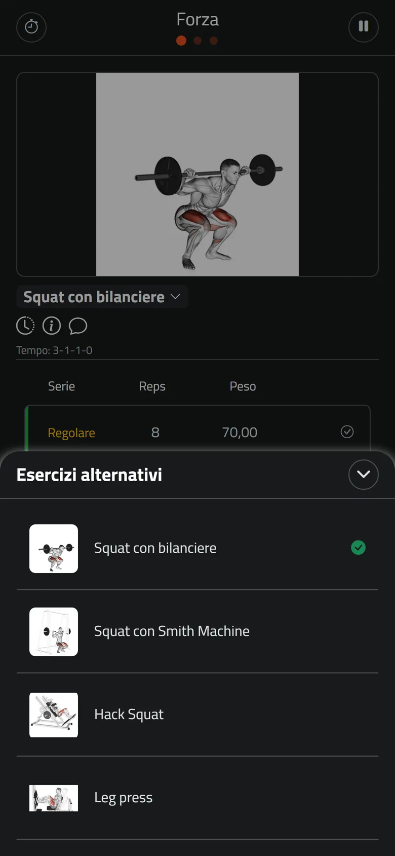 La scelta di un esercizio alternativo nell'app Mangofit per i clienti
