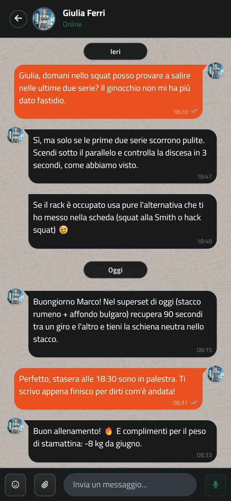 La chat tra personal trainer e cliente nell'app Mangofit