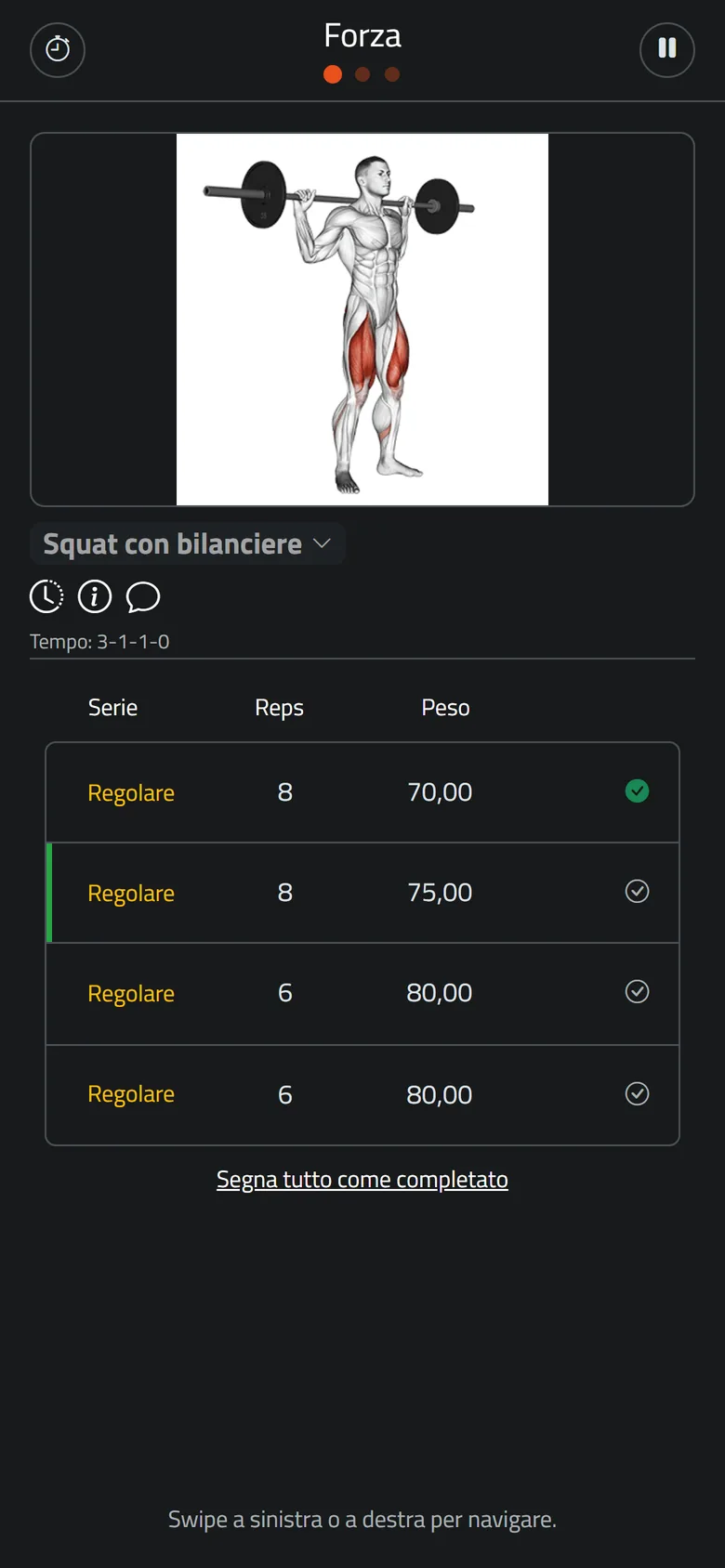 Un allenamento in corso nell'app Mangofit per i clienti