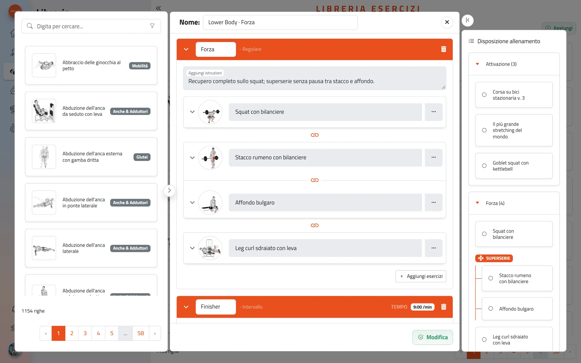 Il workout builder di Mangofit con sezioni ed esercizi