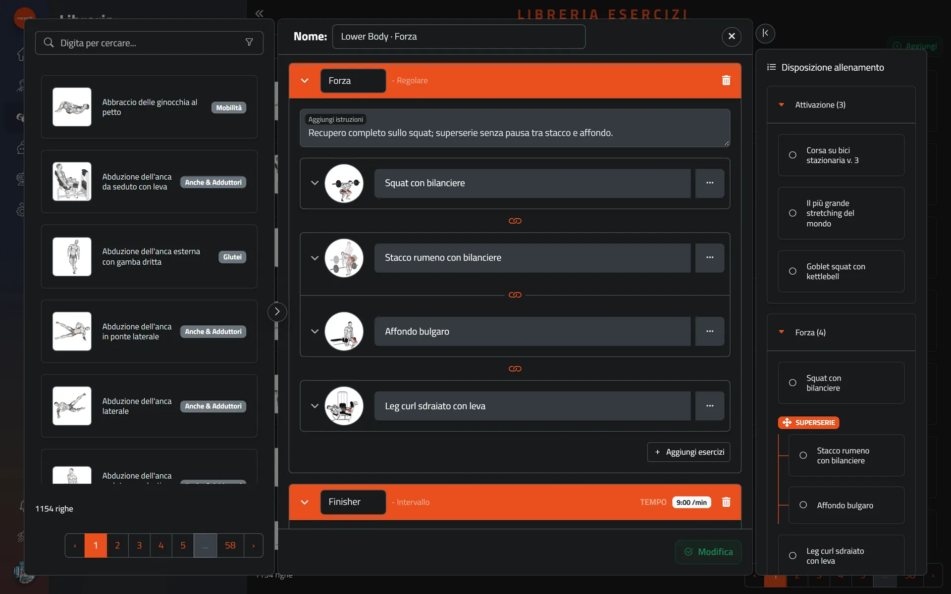 Il workout builder di Mangofit con sezioni ed esercizi