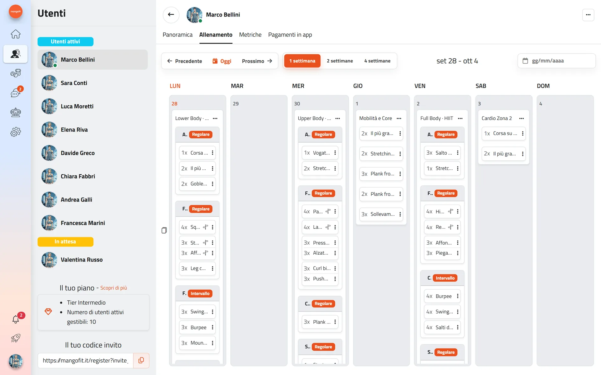 Il calendario di un cliente nel gestionale Mangofit