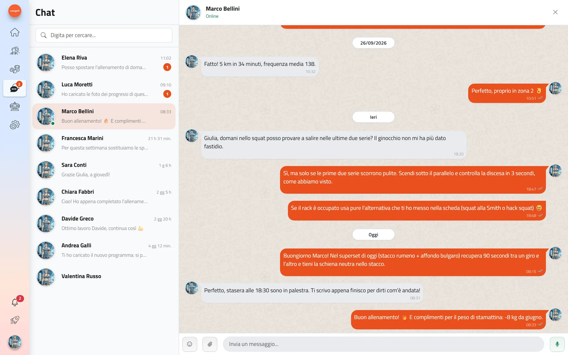 La chat tra un coach e un suo cliente nel gestionale Mangofit