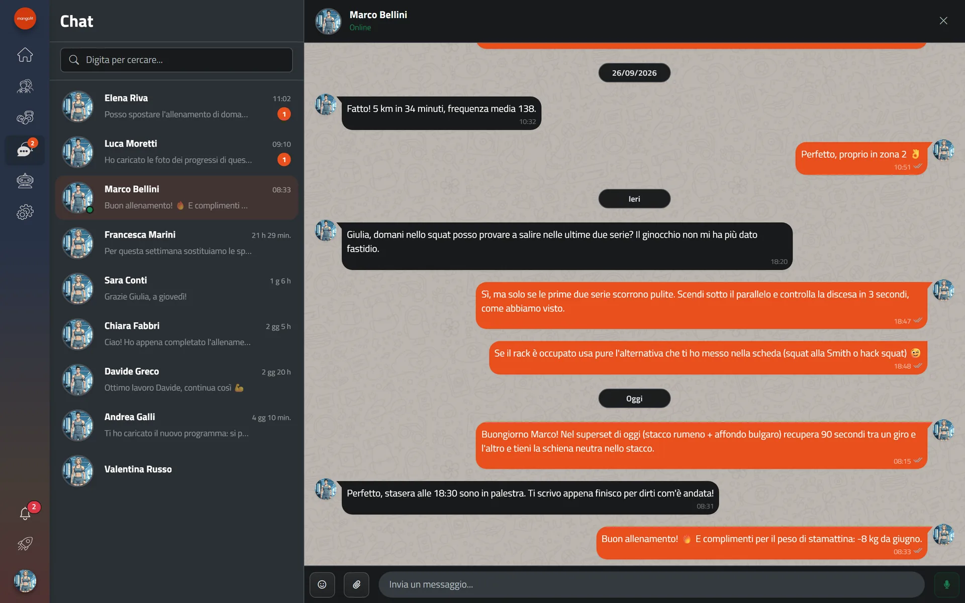 La chat tra un coach e un suo cliente nel gestionale Mangofit