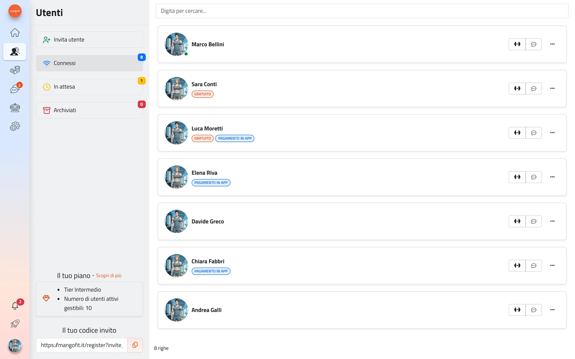 L'elenco dei clienti di un coach nel gestionale Mangofit