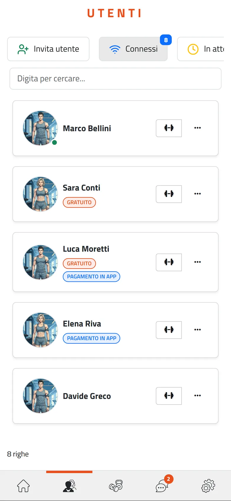 L'elenco dei clienti nell'app Mangofit del personal trainer