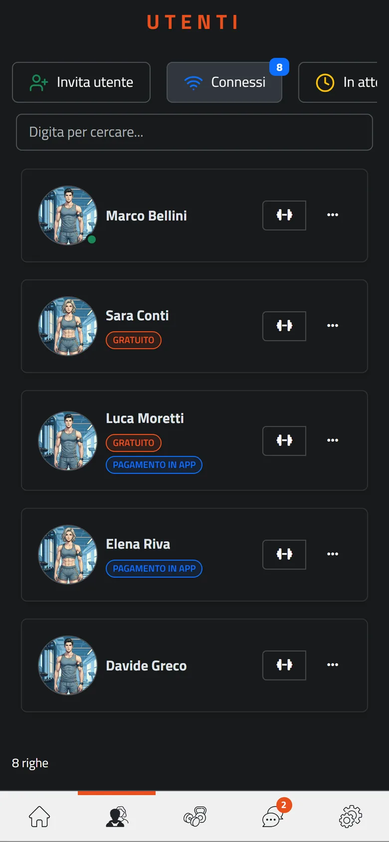 L'elenco dei clienti nell'app Mangofit del personal trainer